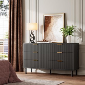 Fluted 6 Drawer Dresser, Wide Wood Double Dresser with Metal Legs and Handles, Modern Chest of Drawers with Anti-Tipping Design - 1 of 4