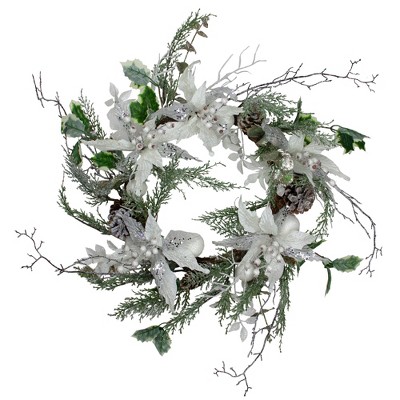 Northlight Iced White Poinsettia Artificial Christmas Wreath - 22 inch, Unlit