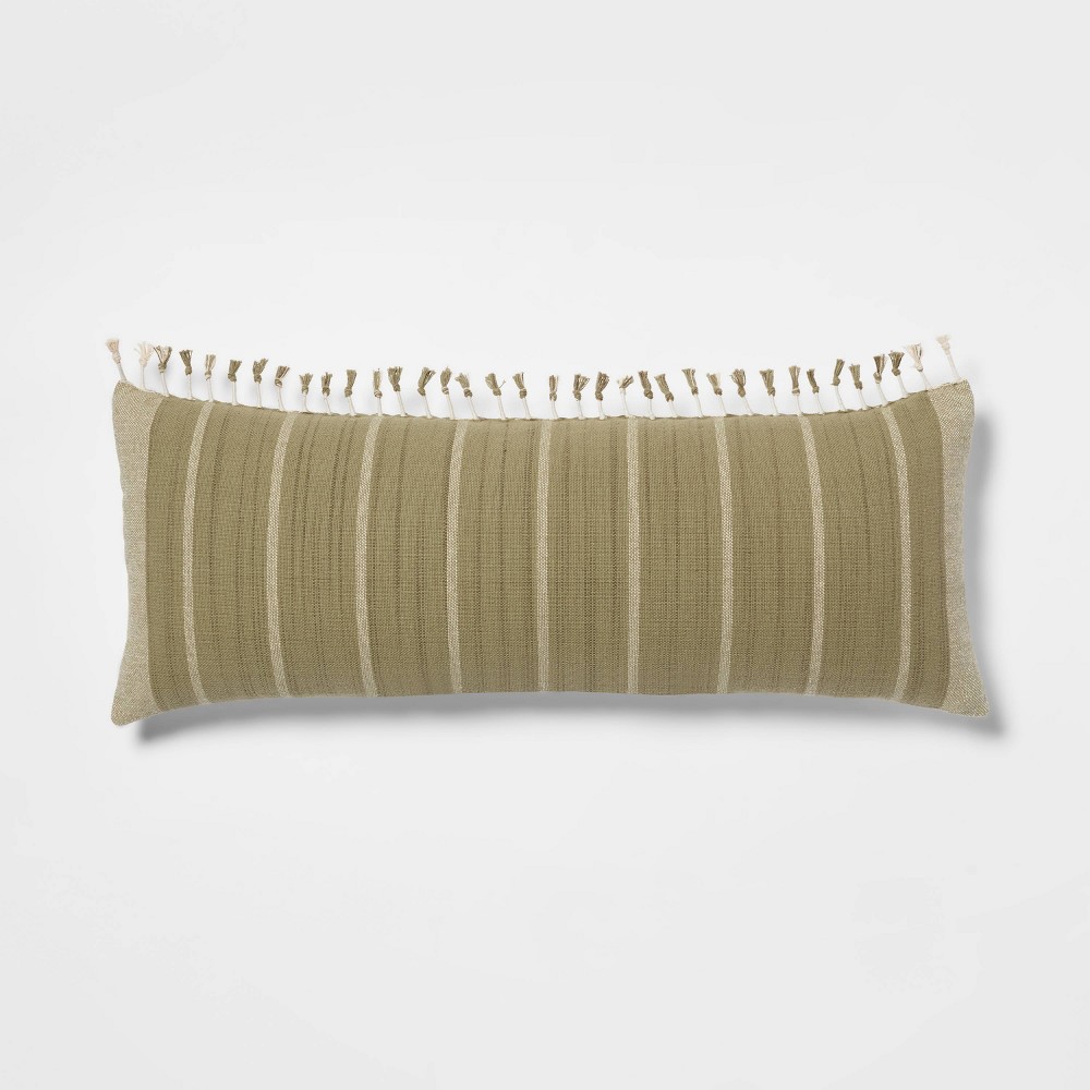 Photos - Pillow Oversized Oblong Woven Stripe Tassel Decorative Throw  Moss Green 