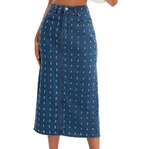 INSPIRE CHIC Women's Denim High Waisted Swiss Dots Back Slit Casual Column Midi Skirt - 1 of 4