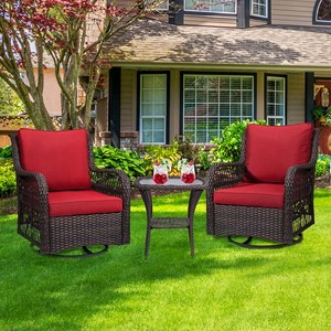 3-Piece Outdoor Wicker Patio Set, 360° Swivel Rocker Chairs with Cushions & Tempered Glass Side Table, Elegant Bistro Set for Backyard & Patio - 1 of 4