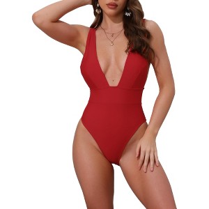 INSPIRE CHIC Women's Deep V Plunge Monokini Backless Bikini Set, Wide Strap Slimming Swimwear Bathing Suit 1 Set - 1 of 4