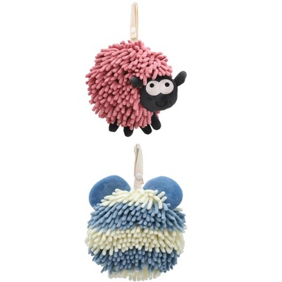 REGALWOVEN 2 Packs Chenille Fuzzy Ball Bathroom Sheep Shape Absorbent Fast Drying Hand Towels 7" x 7"