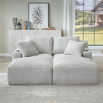 VASIP Compressible Double Chaise Lounge with Cupholders ,Fluffy Upholstered Sleeper Loveseat, for Living Room, Bedroom Reading, No Assembly Required.