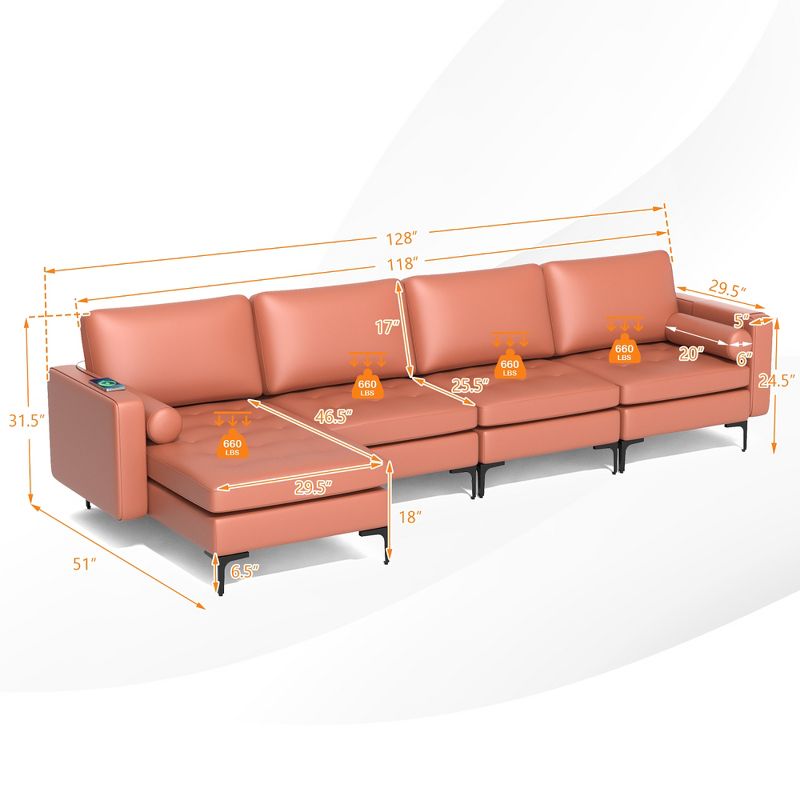 Costway Modular L-shaped Sectional Sofa with  Reversible Chaise & 4 USB Ports Coral Pink/Grey, 4 of 11