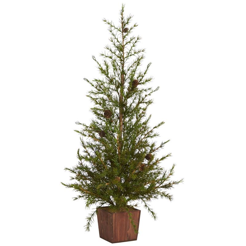 3ft Nearly Natural Unlit Alpine with Pinecones Artificial Christmas Tree in Wood Planter, 1 of 6