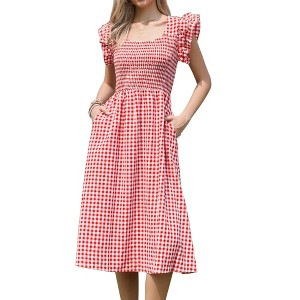 INSPIRE CHIC Women's Gingham Ruffle Cuff Sleeveless Square Neck Smocked A-Line Midi Dresses - 1 of 4
