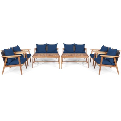 Tangkula 8PCS Patio Rattan Furniture Set Wood Frame Cushioned Sofa with Coffee Table Sectional Conversation Sofa Set for Garden Turquoise/Navy/Brown/Red