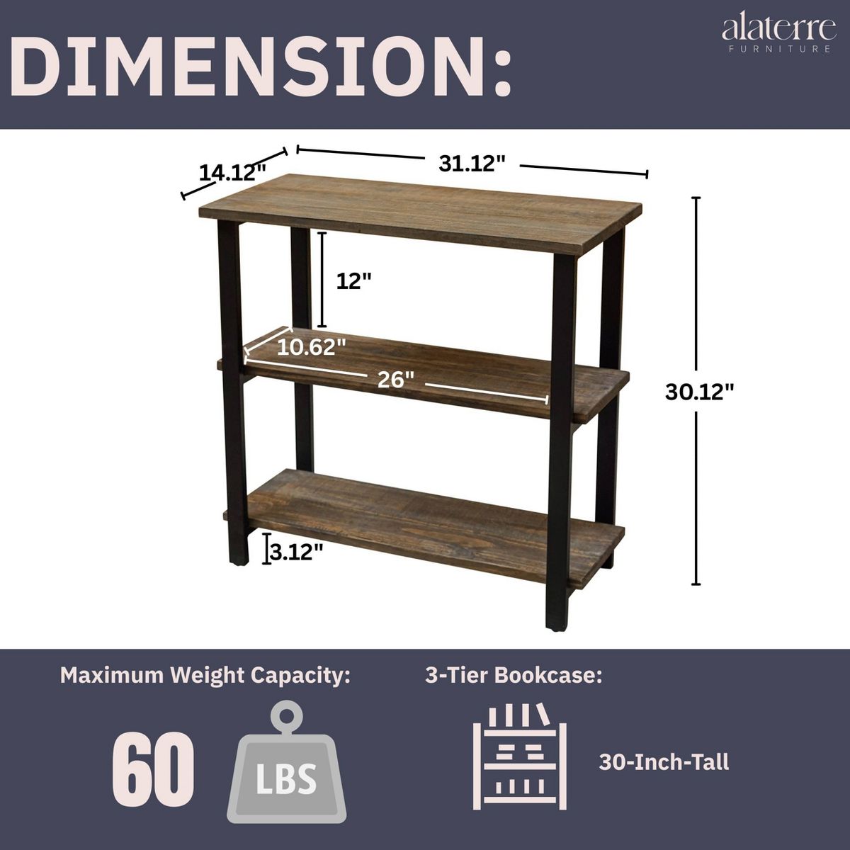 31" Pomona 2 Shelf Bookshelf Metal and Solid Wood Natural - Alaterre Furniture - thumbnail 4