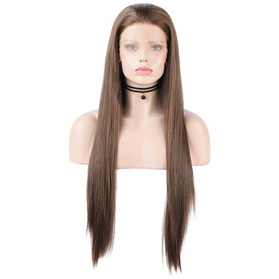 Unique Bargains Women's Long Straight Hair Lace Front Wigs with Wig Cap 24" Dark Brown 1PC