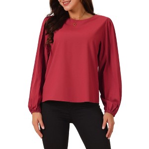 Seta T Women's Elegant Round Neck Chiffon Pleated Long Sleeve Flowy Dressy Business Tops - 1 of 4