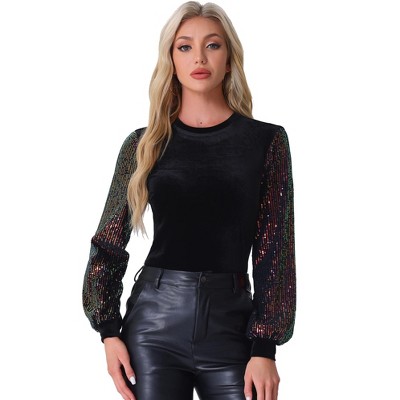 Allegra K Women's Sparkly Sequin Puff Long Sleeve Velvet Patchwork Party Top
