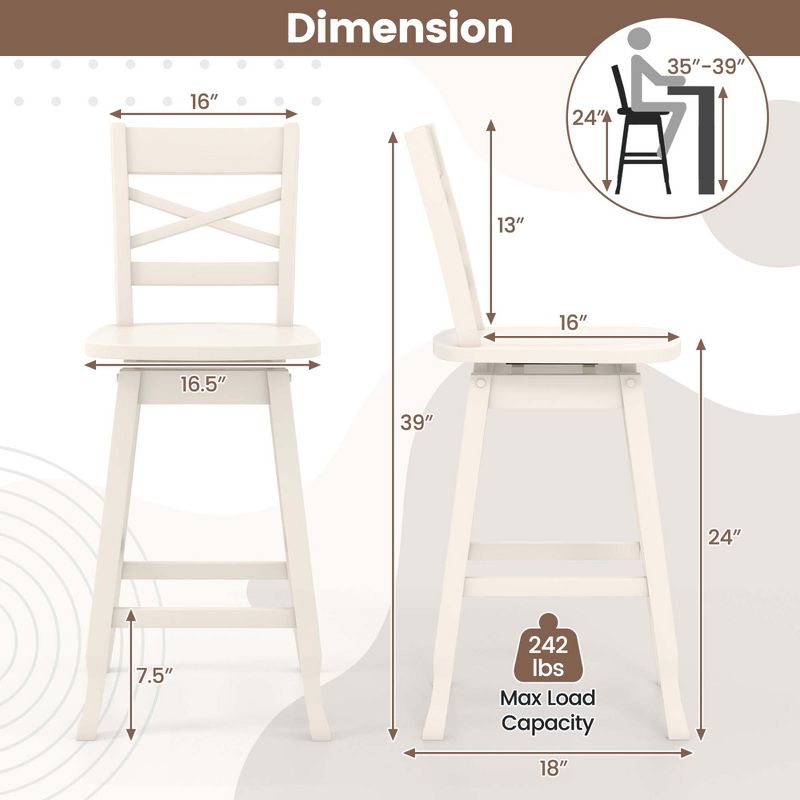 Costway 2 PCS 24"/30" Counter/Bar Height Stool Rubber Wood Swivel Bar Stool with Inclined Backrest White, 3 of 9