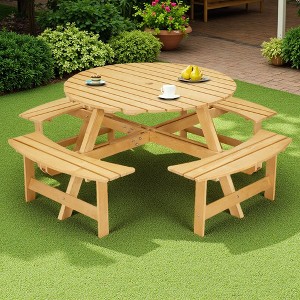 8-Person Outdoor Patio Wooden Round Picnic Table with 4 Built-in Benches and Umbrella Hole - 1 of 4