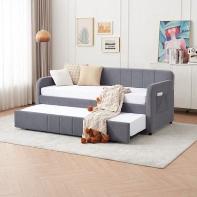 VASIP Twin  SOFA Daybed with Trundle - Upholstered Gray Sofa Bed, Wood Slat Support & Space-Saving Design for Small Spaces & Guest Rooms