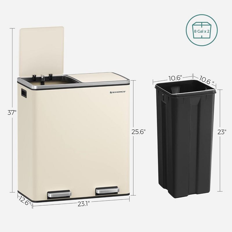 SONGMICS Trash Can, Garbage Can for Kitchen, with 15 Trash Bags, Plastic Inner Buckets and Hinged Lids, Airtight, 3 of 9