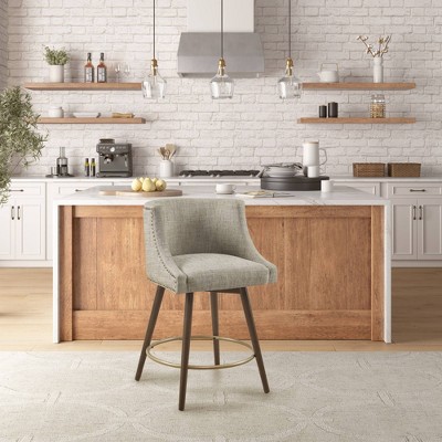 Grey Multi Tweed Swivel Counter Stool with Walnut Wood Legs