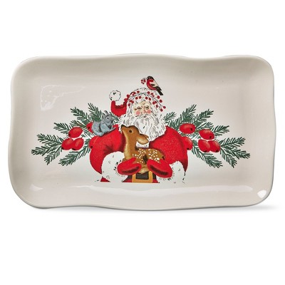 tagltd Holiday Christmas Red Woodland Santa with Deer & Bird Dolomite Wave Edged Rectangle Serving Platter 17.0L x 10.0W in.