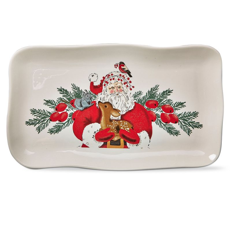tagltd Holiday Christmas Red Woodland Santa with Deer & Bird Dolomite Wave Edged Rectangle Serving Platter, 17.0L x 10.0W in., 1 of 3