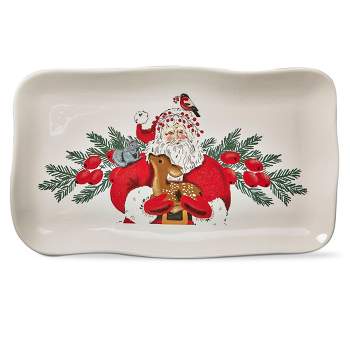 tagltd Holiday Christmas Red Woodland Santa with Deer & Bird Dolomite Wave Edged Rectangle Serving Platter, 17.0L x 10.0W in.