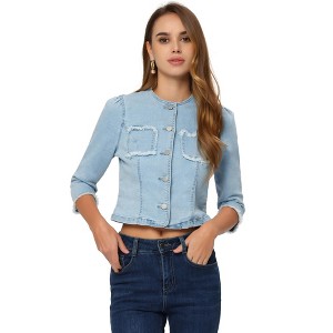Allegra K Women's Cropped Denim Jacket 3/4 Sleeves Frayed Casual Collarless Jean Jackets - 1 of 4