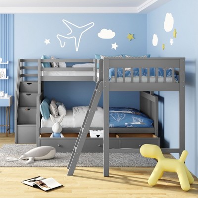 NicBex Twin over Full Bunk Bed Pine Triple Bed Frame with Drawers, Shelves, Storage Stairs, Ladder and Guardrail, No Box Spring Required