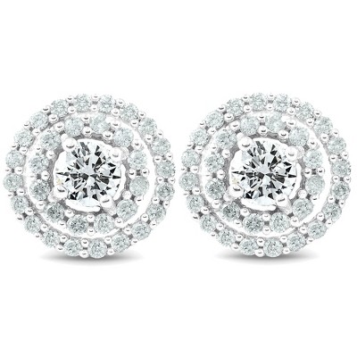 Pompeii3 1Ct Diamond Double Halo Studs Screw Back Womens Earrings White Gold 10.2MM