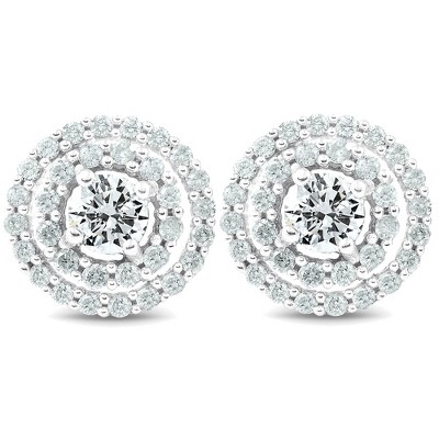  Pompeii3 1 Ct TW Diamond Halo Studs Screw Back Earrings White Gold 10.2MM IGI Certified 