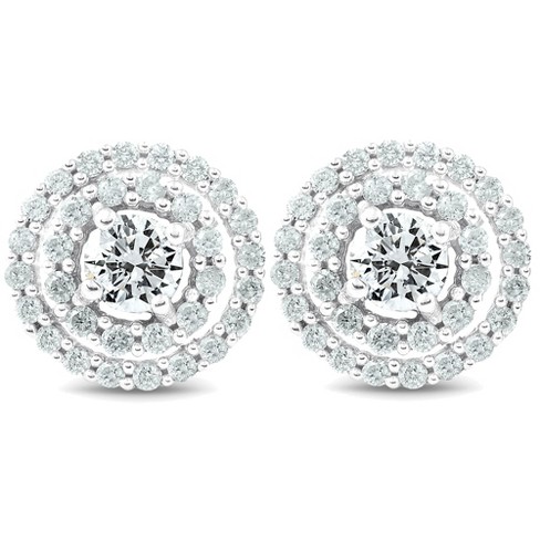 Pompeii3 1ct Diamond Double Halo Studs Screw Back Womens Earrings White Gold 10.2mm