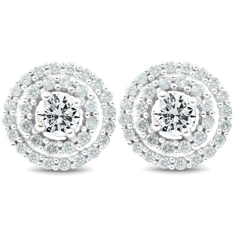 Pompeii3 1Ct Diamond Double Halo Studs Screw Back Womens Earrings White Gold 10.2MM, 1 of 5