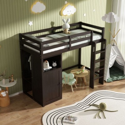 Twin Loft Bed, Solid Wood Twin Size Loft Bed Frame With Wardrobe, Storage Shelves, Ladder, Guardrails, Underneath Space For Boys Girls Teens