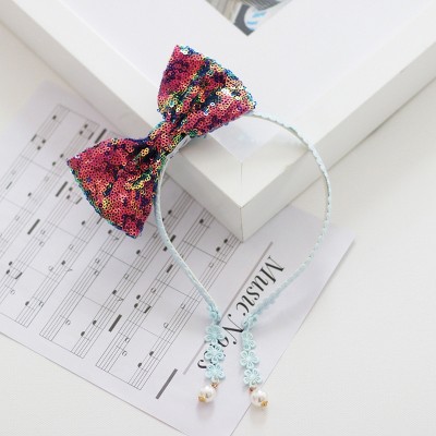 Summer Crystal - Sequin Bow Headband with Pearl Earring Pendants - 1 Pack - image 4