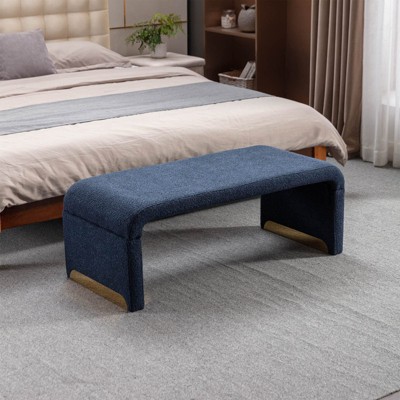Angel Sar 43in Ottoman Bench, Boucle Fabric Bed Bench, Footrest with Gold Metal Legs for Bedroom, Dark Blue