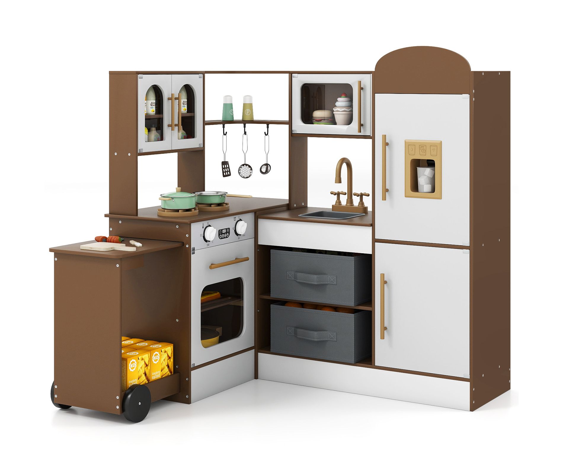 Costway Corner Kitchen with Lights and Sounds Interactive Wooden Playset Toy Kitchen Set Brown/Pink/White
