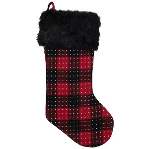 Northlight 21.5" Red and Black Plaid with Dots and Faux Fur Cuff Christmas Stocking - 1 of 4