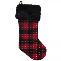 Northlight 21.5" Red and Black Plaid with Dots and Faux Fur Cuff Christmas Stocking