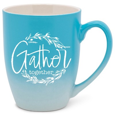 Elanze Designs Gather Together Wreath Two Toned Ombre Matte Teal and White 12 ounce Ceramic Stoneware Coffee Cup Mug