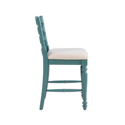 Antique Blue 24" Wood and Metal Counter Stool with Upholstered Seat