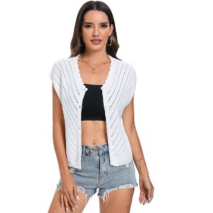 Clearlove Women's Short Cap Sleeve Openwork Knit Sweater Vest V Neck Sleeveless Button Up Tight Sweater Vest - 1 of 4