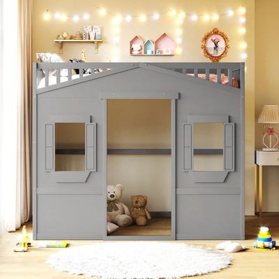 NicBex Full Size Loft Bed Classic House Shape Pine Bunk Bed Frame with Windows, Ladder and Full Length Guardrail, No Box Spring Required