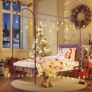 Twin Canopy Bed Frame, Metal Platform Twin Size Bed Frame, Metal Four Posters, Upholstered Headboard - 1 of 4