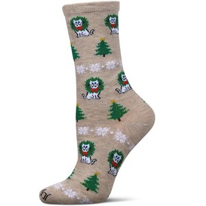 Memoi Women's Fair Isle Cat Holiday Crew Socks Oatmeal Heather 9-11 - 1 of 3