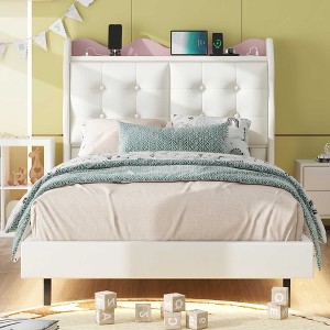 Twin Size Platform Bed Frame No Box Spring Needed Farmhouse Bed with LED Light Strips Headboard Storage Space 2 USB Charging Ports for Bedroom Beige - 1 of 4
