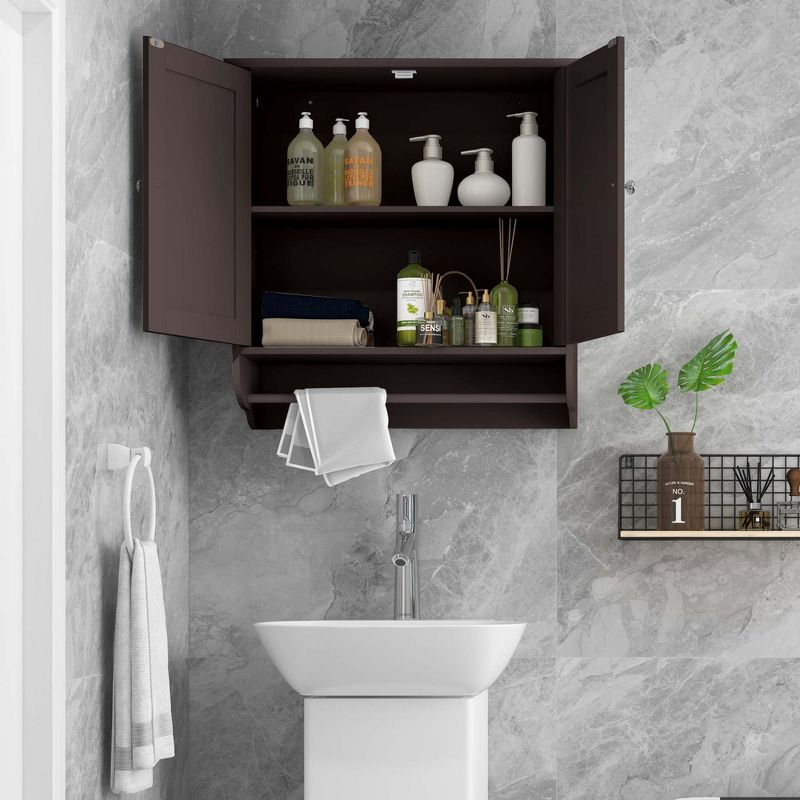 Costway Wall Mounted Bathroom Medicine Cabinet Storage Cupboard with Towel Bar Brown/Grey, 3 of 11