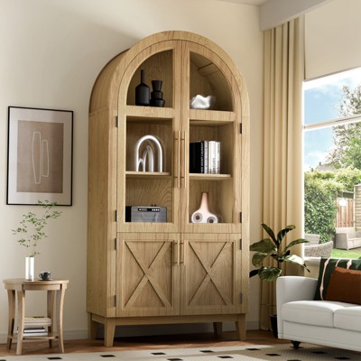 FURNIinspire Storage Sheds Arched Top Kitchen Storage Cabinet With Transparent Glass Door, Modern simple design, Brown, 36"*18"*74"