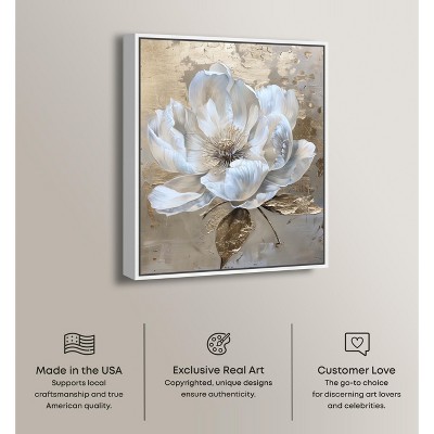 White and Gold Floral Canvas Print with Wooden Frame, 21" x 25"