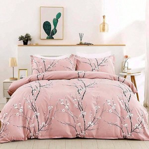 Pink Floral Duvet Cover Set, Reversible Plum Blossom Print, 2 Pillowcases, Soft Microfiber, Full 78x90 - 1 of 4