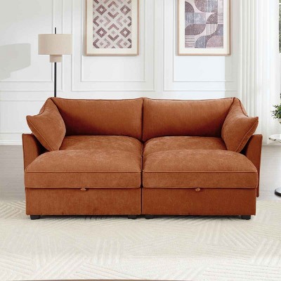 2-Seater Sectional Sofa with 2 Movable Footstools, Sofa with Pull-Out Storage Drawers, Upholstered Chenille Sofa with Cushion-Coolbibila