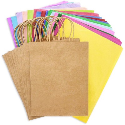 Genie Crafts 60-Pack Colorful Tissue Paper & 10 Medium Kraft Gift Bags with Handles for Arts and Crafts