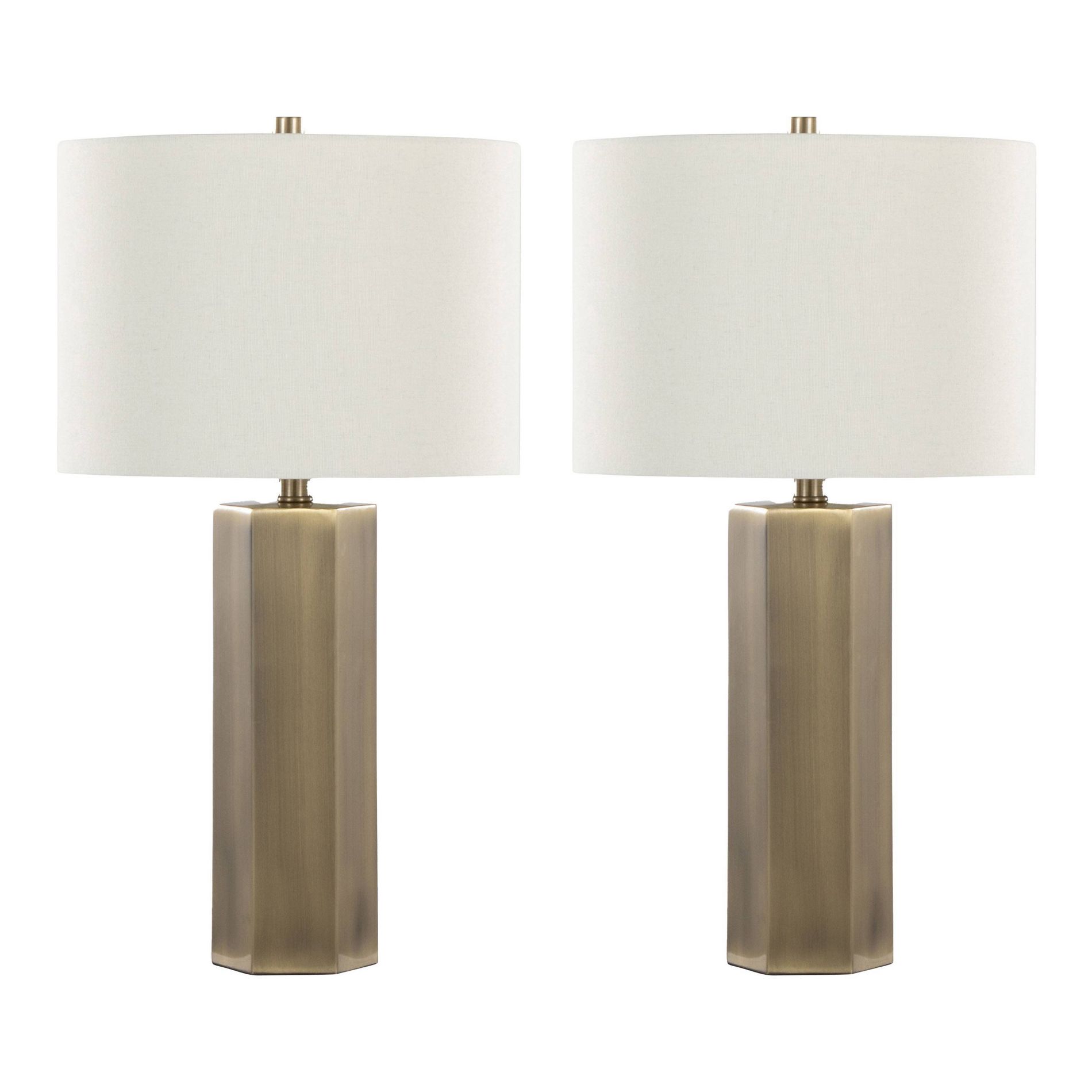 LumiSource Set of 2 Huit 26" Contemporary Metal Table Lamp in Antique Brass and White Linen